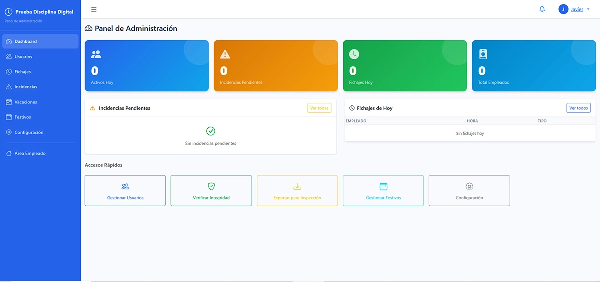 Dashboard de administración del control horario