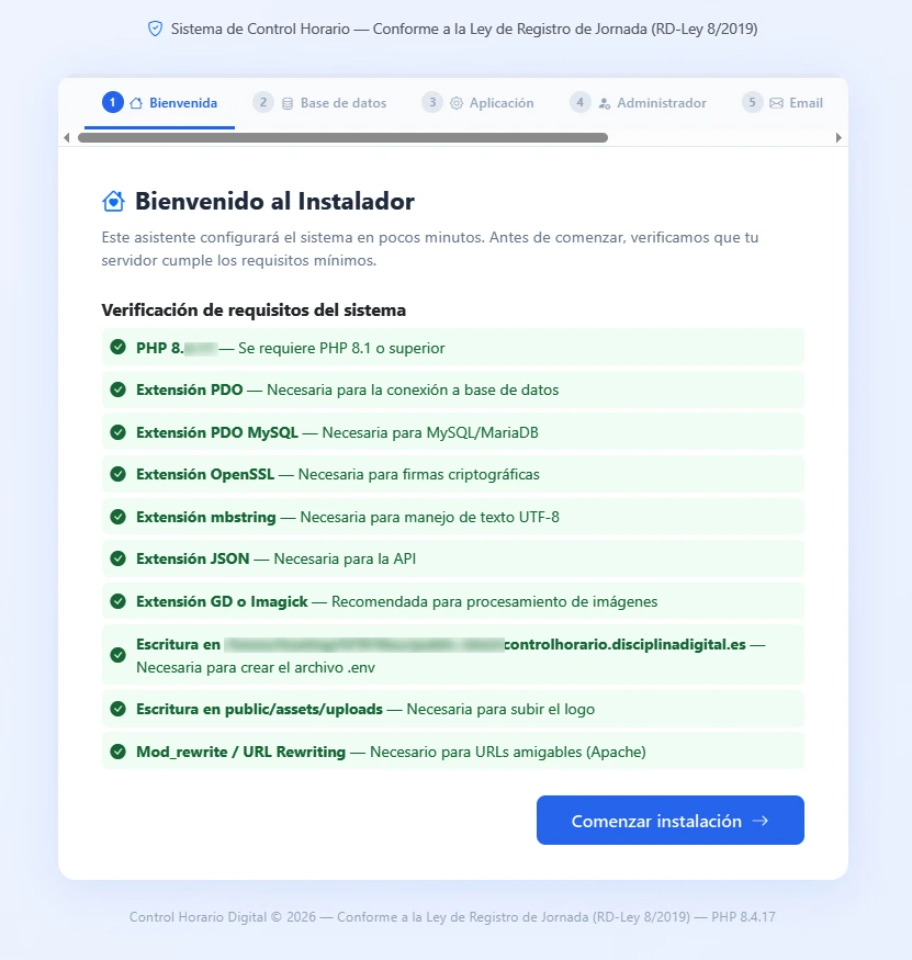 Paso 1 del asistente de instalación